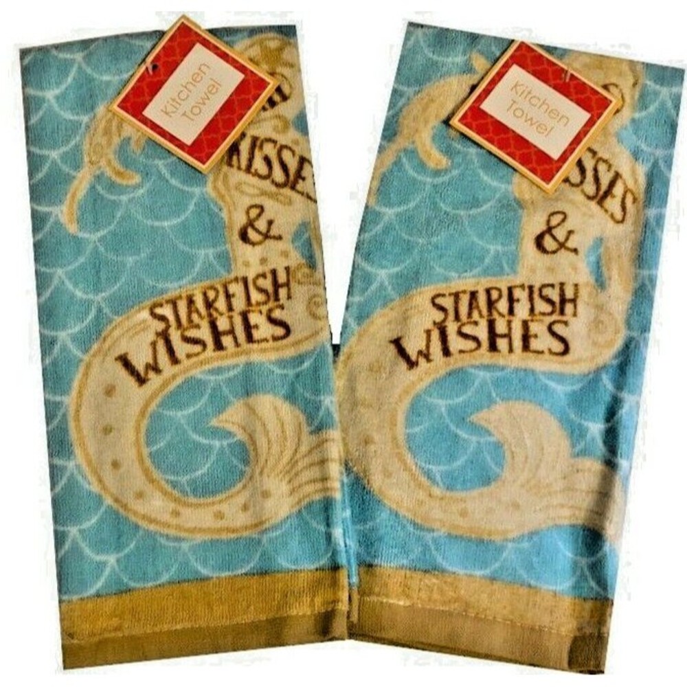 Mermaid Kisses Dish Towels Set of 2 Beach Summer House Nautical 100% Cotton